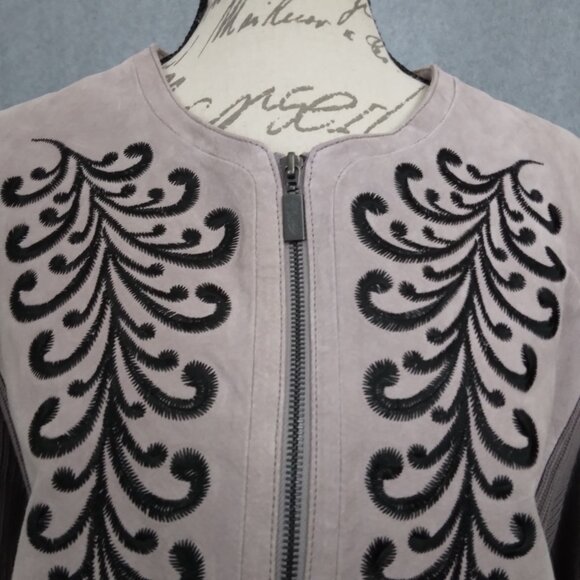 Bob Mackie | Embroidered Leather Suede Zip Front Jacket Taupe | Size L - Picture 3 of 7